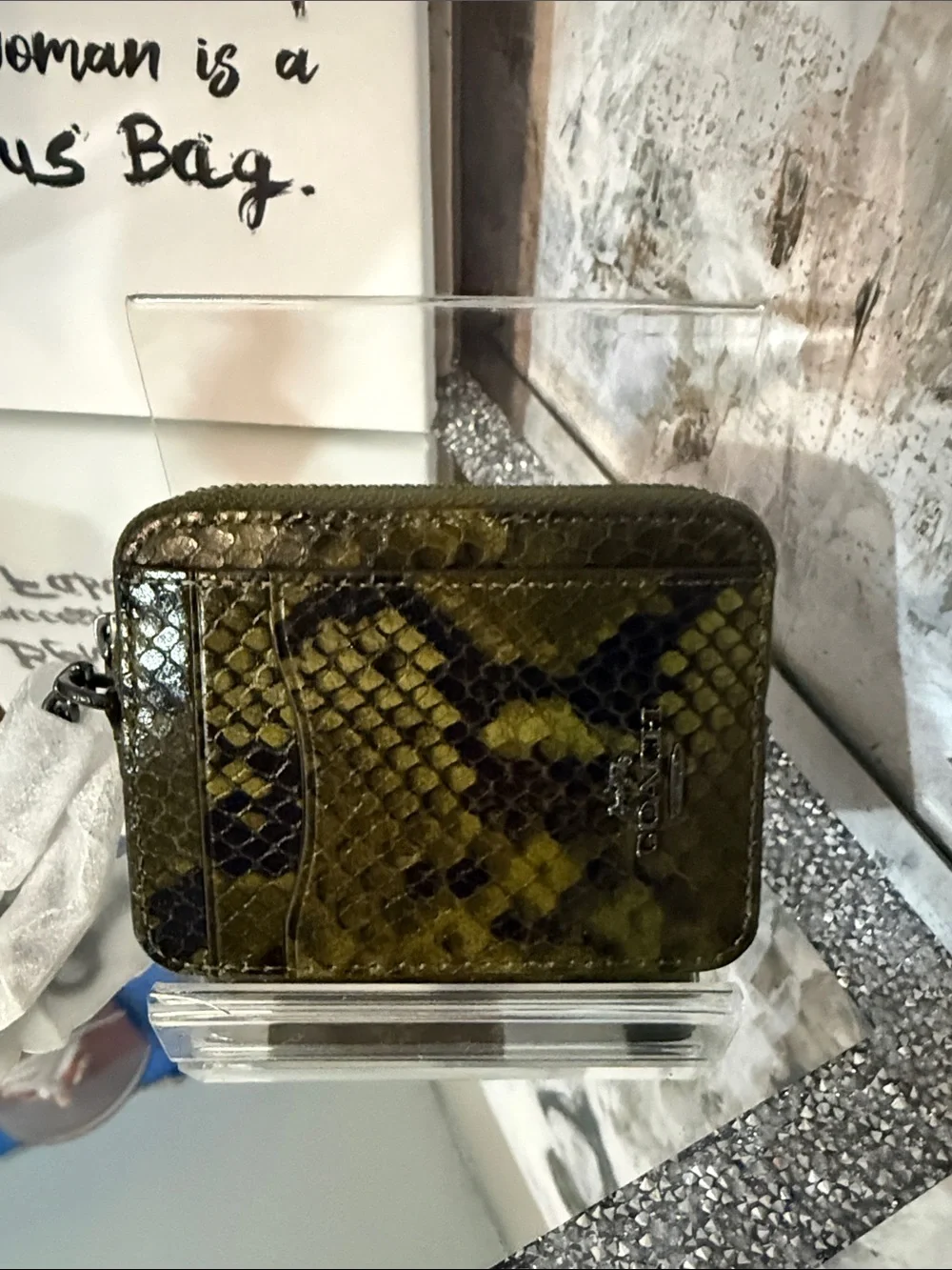 COACH Olive Snake-Embossed Leather ID Wallet with Clear Window